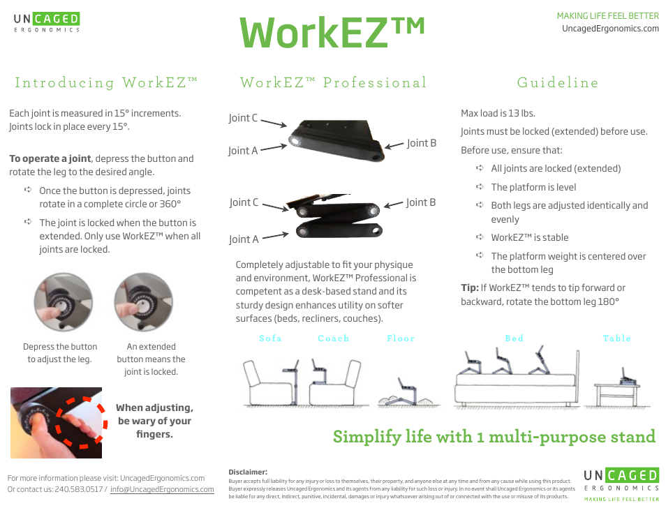 Uncaged Ergonomics WorkEZ Professional User Manual | 2 pages