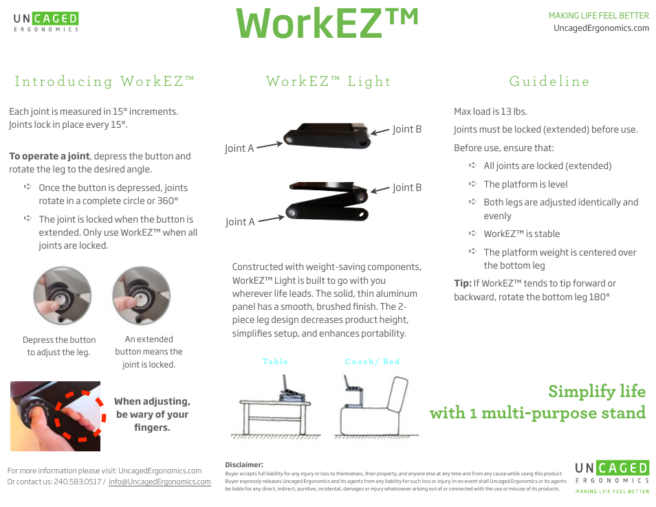 Uncaged Ergonomics WorkEZ Light User Manual | 2 pages