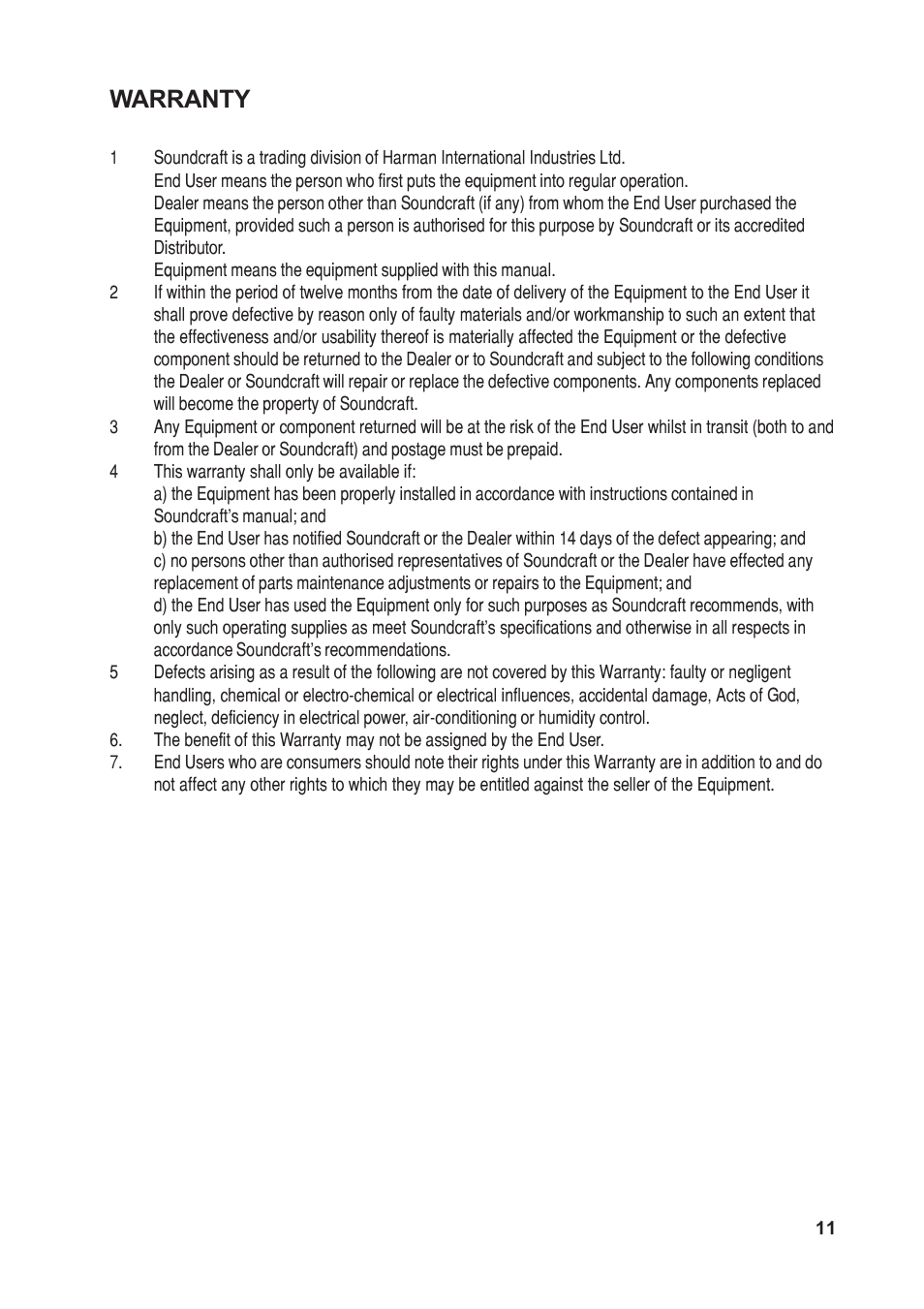 Warranty | SoundCraft 1620LE User Manual | Page 11 / 32