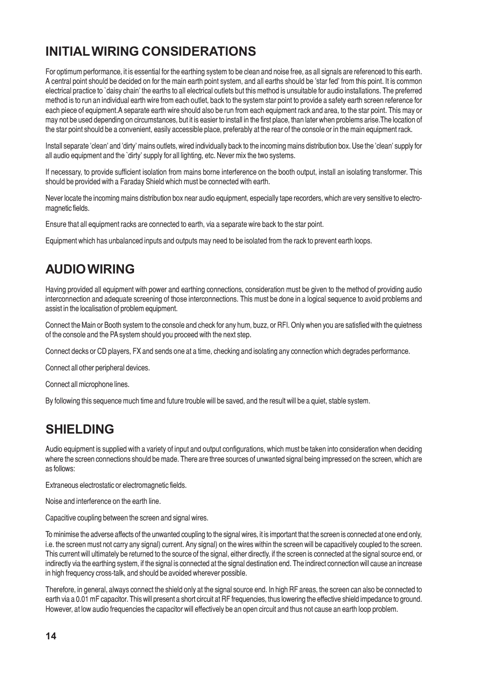 Initial wiring considerations, Audio wiring, Shielding | SoundCraft 1620LE User Manual | Page 14 / 32