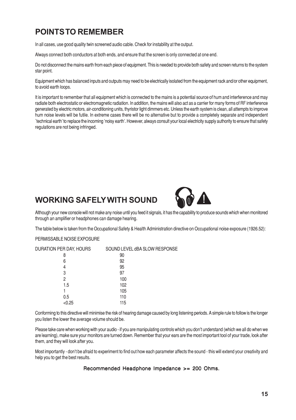 Points to remember, Working safely with sound | SoundCraft 1620LE User Manual | Page 15 / 32