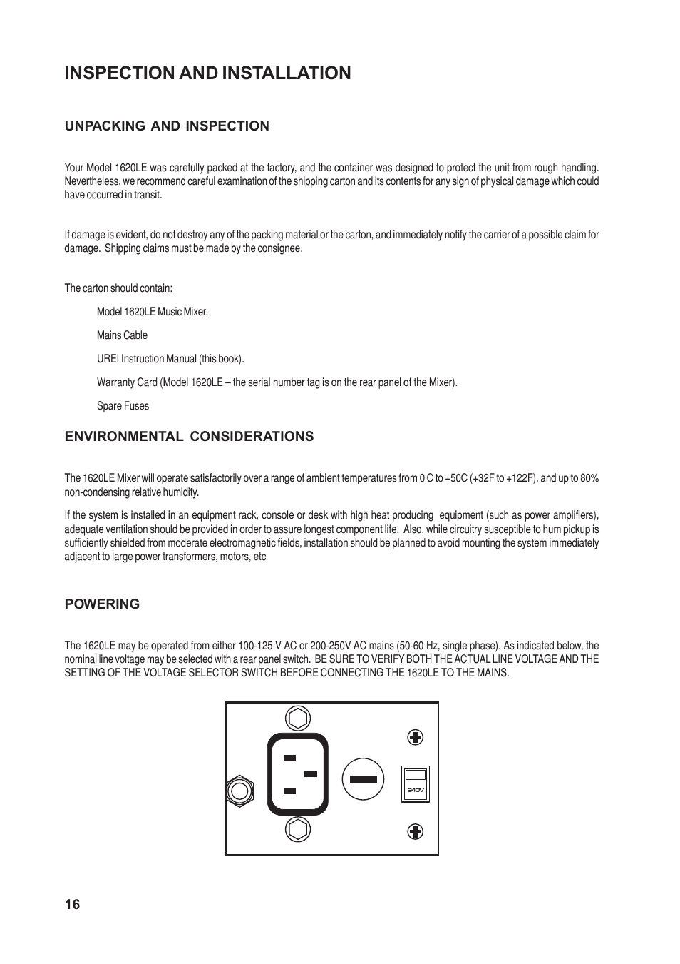 Inspection and installation | SoundCraft 1620LE User Manual | Page 16 / 32