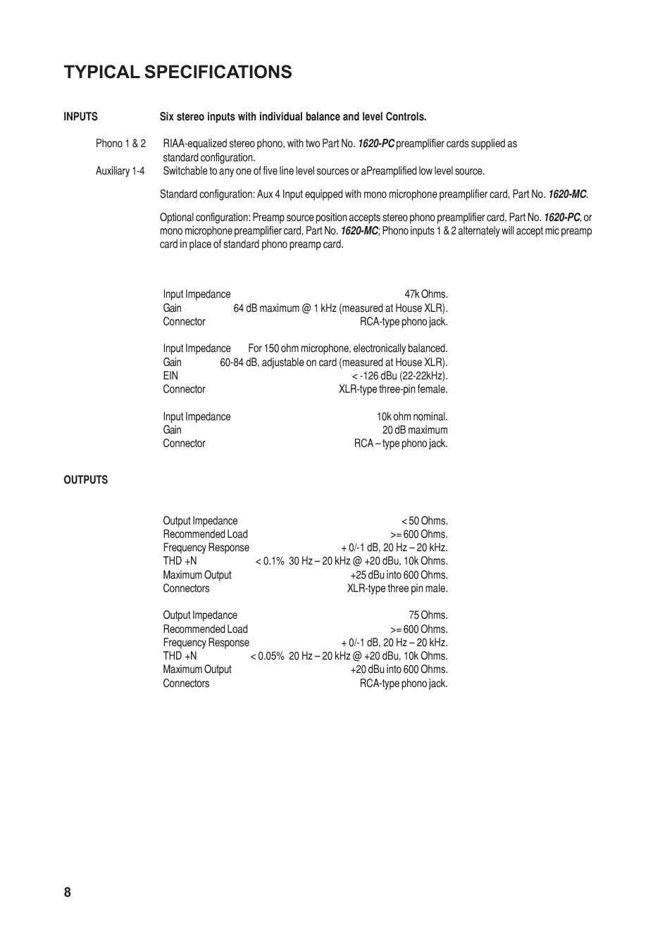 Typical specifications | SoundCraft 1620LE User Manual | Page 8 / 32