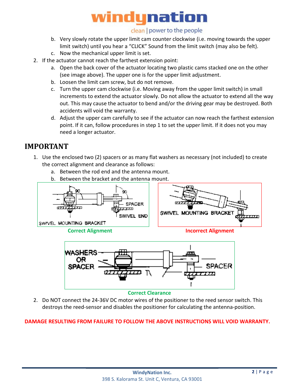 Important | Windy Nation HD Actuator Limit Switch User Manual | Page 2 / 2