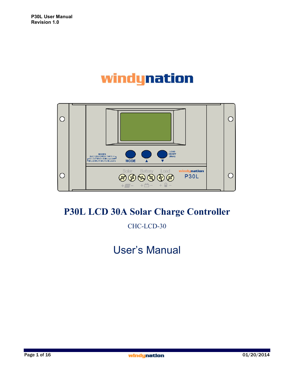 Windy Nation P30L LCD 30A Solar Charge Controller User Manual | 16 pages