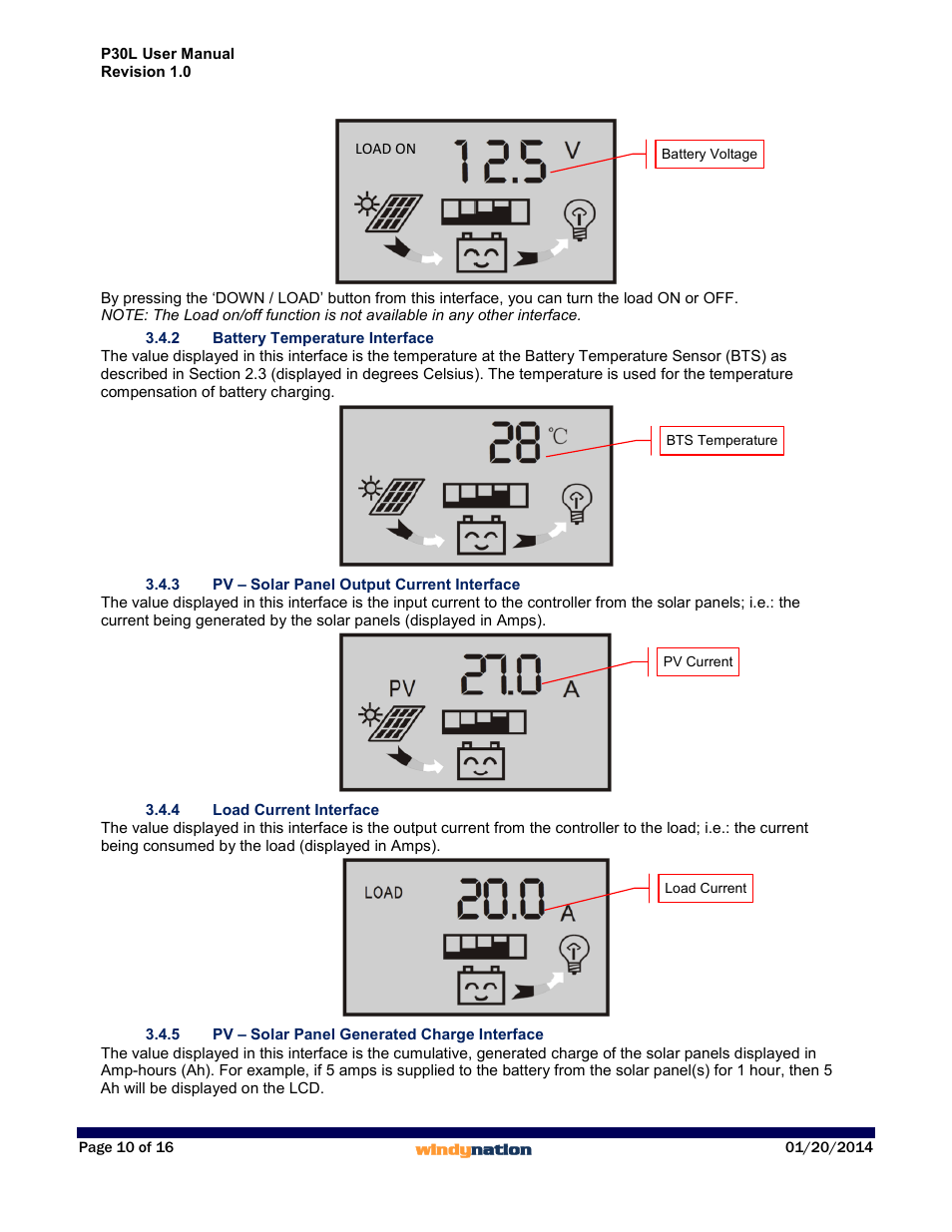 2 battery temperature interface, 3 pv – solar panel output current interface, 4 load current interface | 5 pv – solar panel generated charge interface, Battery temperature, Pv – solar panel output current, Load current, Pv – solar panel generated charge | Windy Nation P30L LCD 30A Solar Charge Controller User Manual | Page 10 / 16