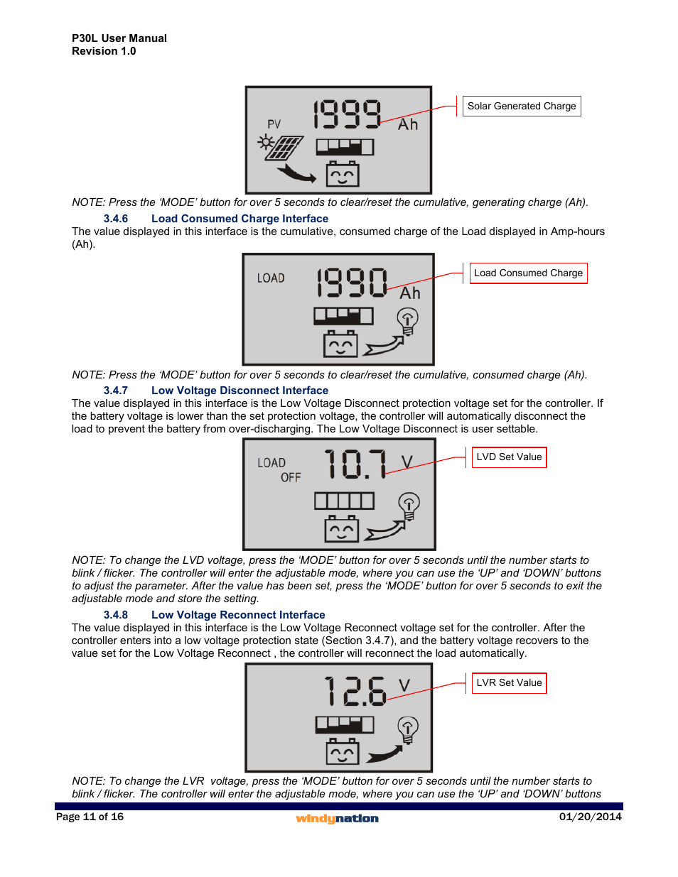6 load consumed charge interface, 7 low voltage disconnect interface, 8 low voltage reconnect interface | Load consumed charge, Low voltage disconnect, Low voltage reconnect | Windy Nation P30L LCD 30A Solar Charge Controller User Manual | Page 11 / 16