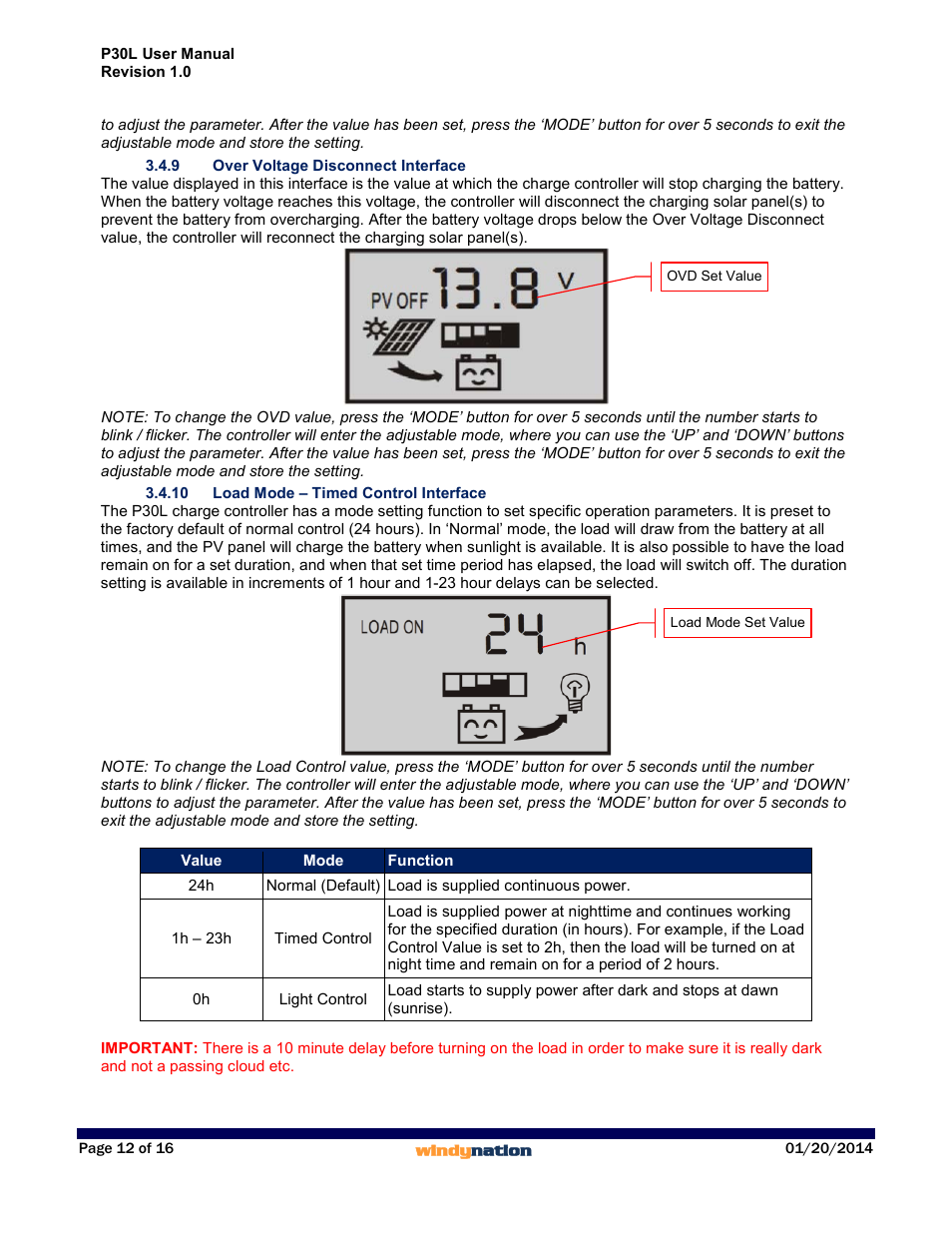 9 over voltage disconnect interface, 10 load mode – timed control interface, Over voltage disconnect | Load mode – timed control | Windy Nation P30L LCD 30A Solar Charge Controller User Manual | Page 12 / 16