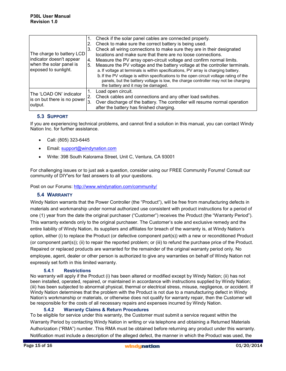 3 support, 4 warranty, 1 restrictions | 2 warranty claims & return procedures, Support, Warranty, Restrictions, Warranty claims & return procedures | Windy Nation P30L LCD 30A Solar Charge Controller User Manual | Page 15 / 16