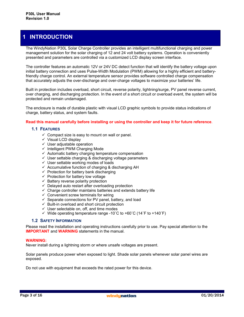 1 introduction, 1 features, 2 safety information | Introduction, Features, Safety information | Windy Nation P30L LCD 30A Solar Charge Controller User Manual | Page 3 / 16