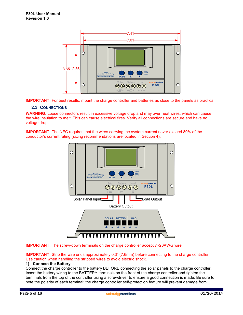 3 connections, Connections | Windy Nation P30L LCD 30A Solar Charge Controller User Manual | Page 5 / 16