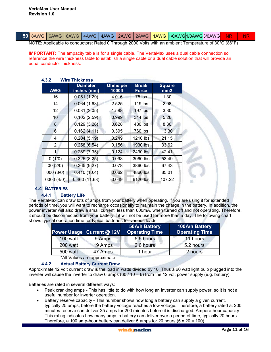 2 wire thickness, 4 batteries, 1 battery life | 2 actual battery current draw, Wire thickness, Batteries, Battery life, Actual battery current draw | Windy Nation VertaMax Power Inverter User Manual | Page 11 / 16