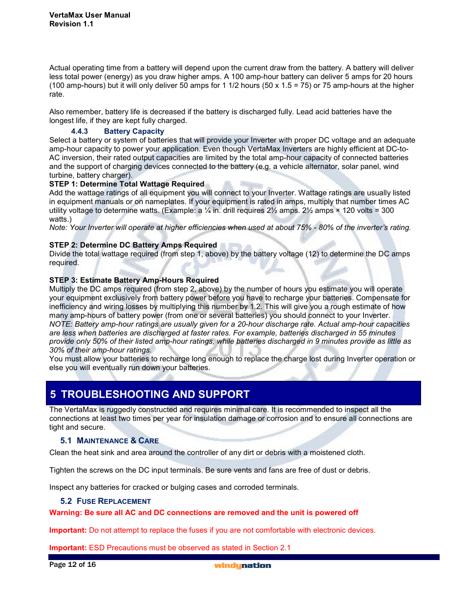 3 battery capacity, 5 troubleshooting and support, 1 maintenance & care | 2 fuse replacement, Battery capacity, Troubleshooting and support, Maintenance & care, Fuse replacement | Windy Nation VertaMax Power Inverter User Manual | Page 12 / 16