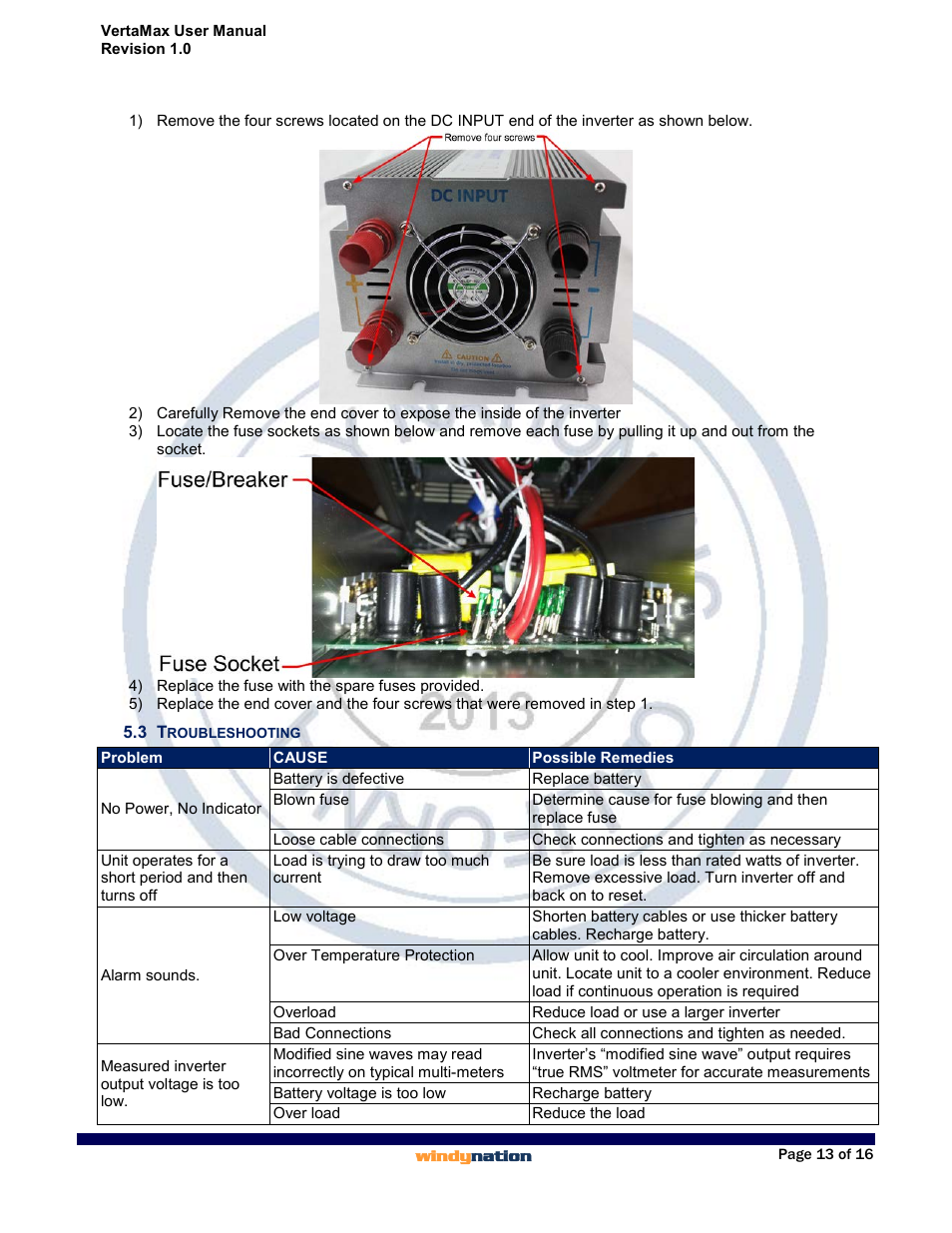 3 troubleshooting, Troubleshooting | Windy Nation VertaMax Power Inverter User Manual | Page 13 / 16