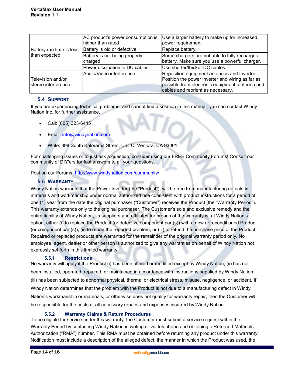 4 support, 5 warranty, 1 restrictions | 2 warranty claims & return procedures, Support, Warranty, Restrictions, Warranty claims & return procedures | Windy Nation VertaMax Power Inverter User Manual | Page 14 / 16