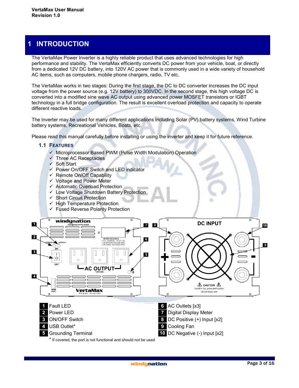 1 introduction, 1 features, Introduction | Features | Windy Nation VertaMax Power Inverter User Manual | Page 3 / 16