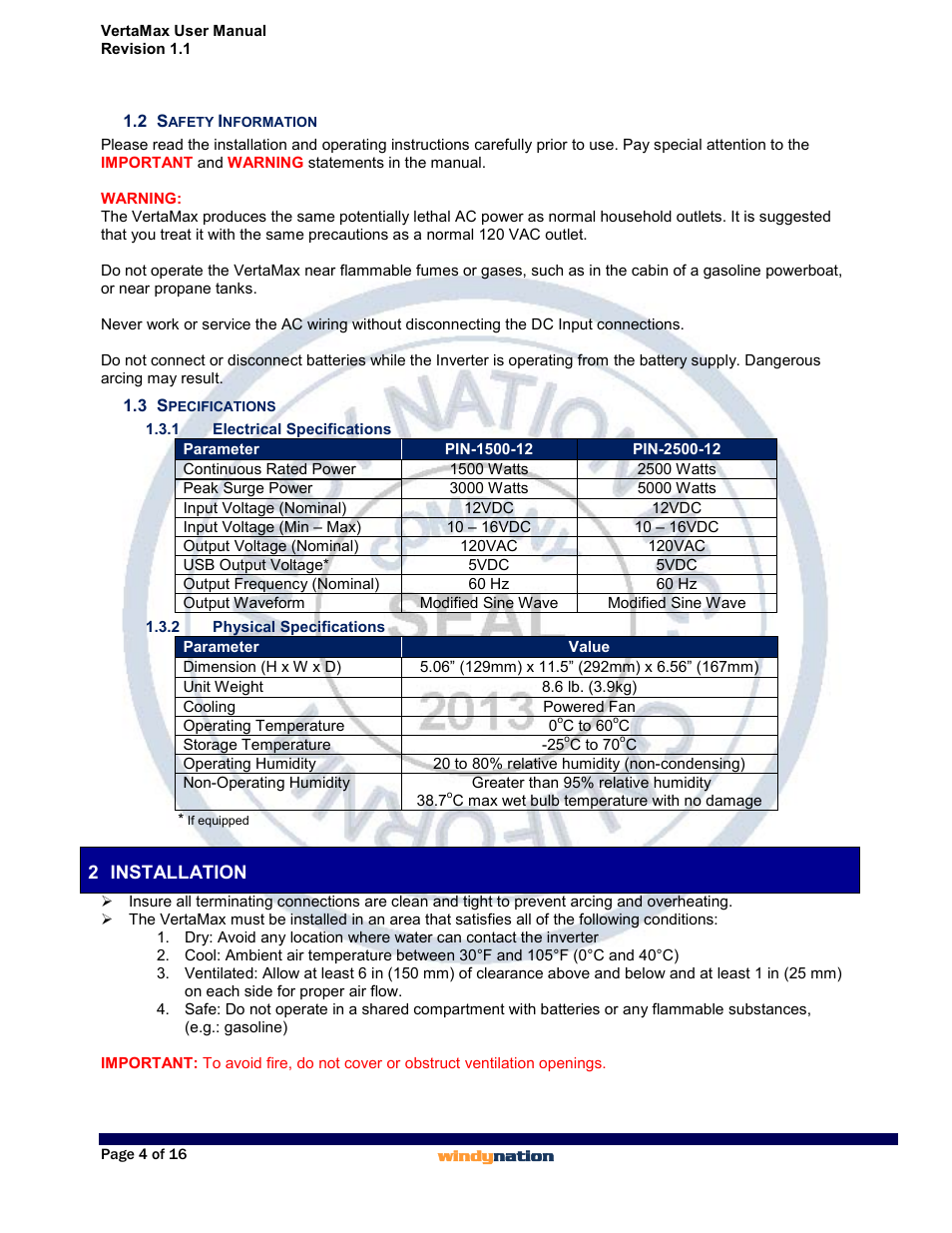 2 safety information, 3 specifications, 1 electrical specifications | 2 physical specifications, 2 installation, Safety information, Specifications, Electrical specifications, Physical specifications, Installation | Windy Nation VertaMax Power Inverter User Manual | Page 4 / 16