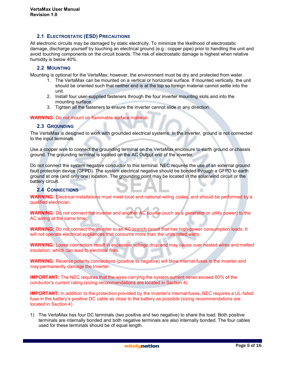 1 electrostatic (esd) precautions, 2 mounting, 3 grounding | 4 connections, Electrostatic (esd) precautions, Mounting, Grounding, Connections | Windy Nation VertaMax Power Inverter User Manual | Page 5 / 16