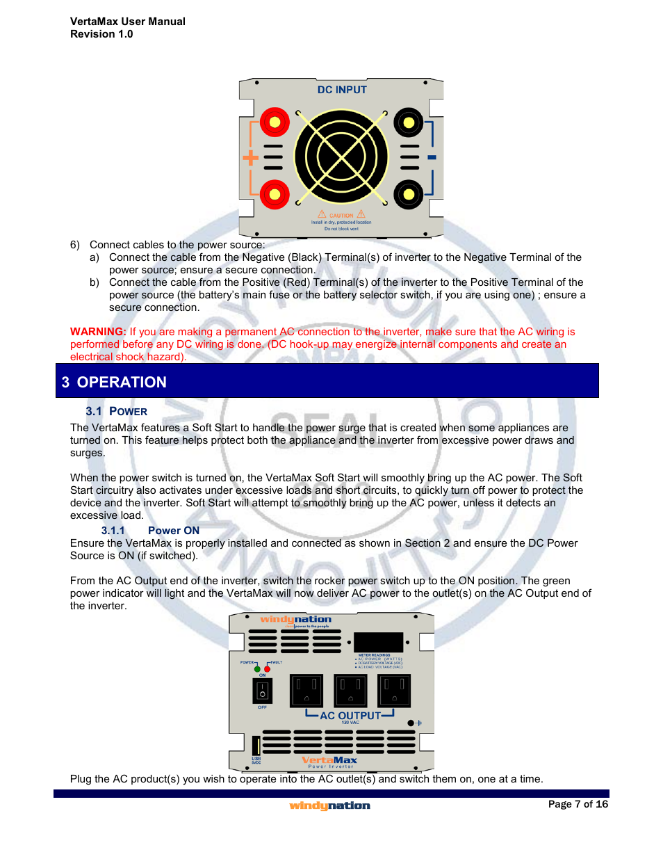 3 operation, 1 power, 1 power on | Operation, Power, Power on | Windy Nation VertaMax Power Inverter User Manual | Page 7 / 16