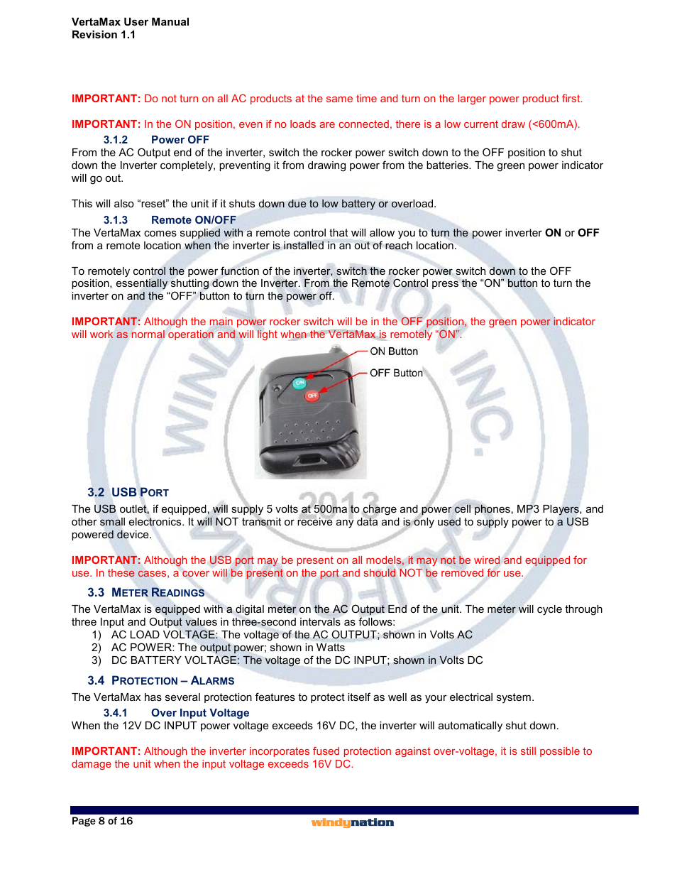 2 power off, 3 remote on/off, 2 usb port | 3 meter readings, 4 protection – alarms, 1 over input voltage, Power off, Remote on/off, Usb port, Meter readings | Windy Nation VertaMax Power Inverter User Manual | Page 8 / 16