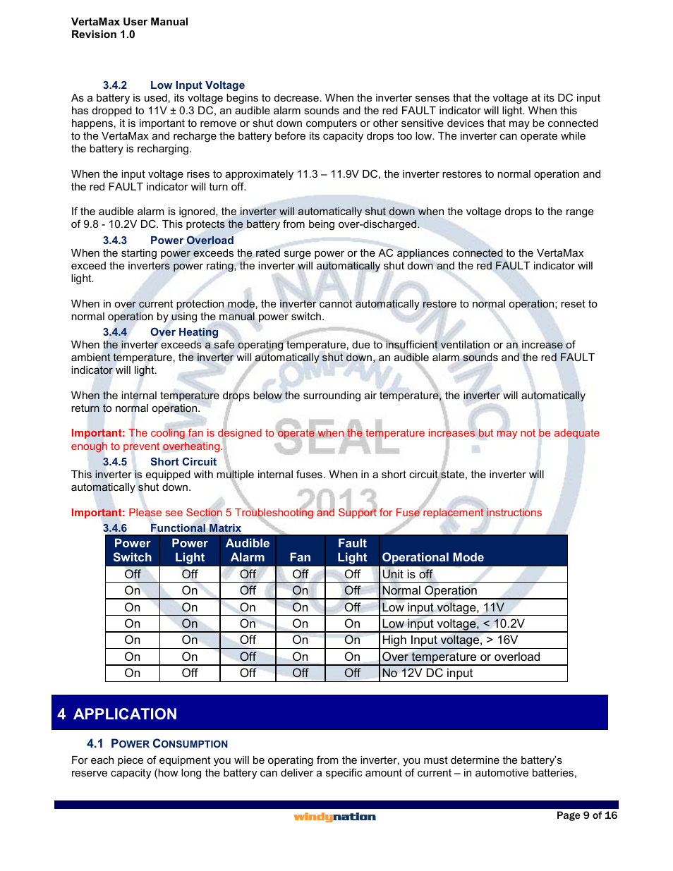 2 low input voltage, 3 power overload, 4 over heating | 5 short circuit, 6 functional matrix, 4 application, 1 power consumption, Low input voltage, Power overload, Over heating | Windy Nation VertaMax Power Inverter User Manual | Page 9 / 16