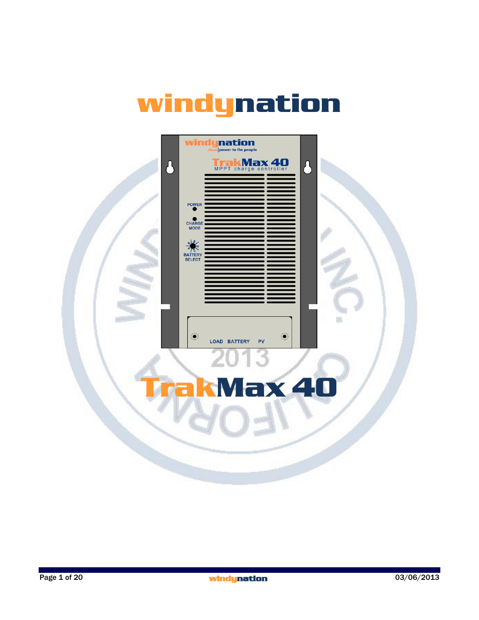 Windy Nation TrakMax 40 MPPT Solar Charge Controller User Manual | 20 pages