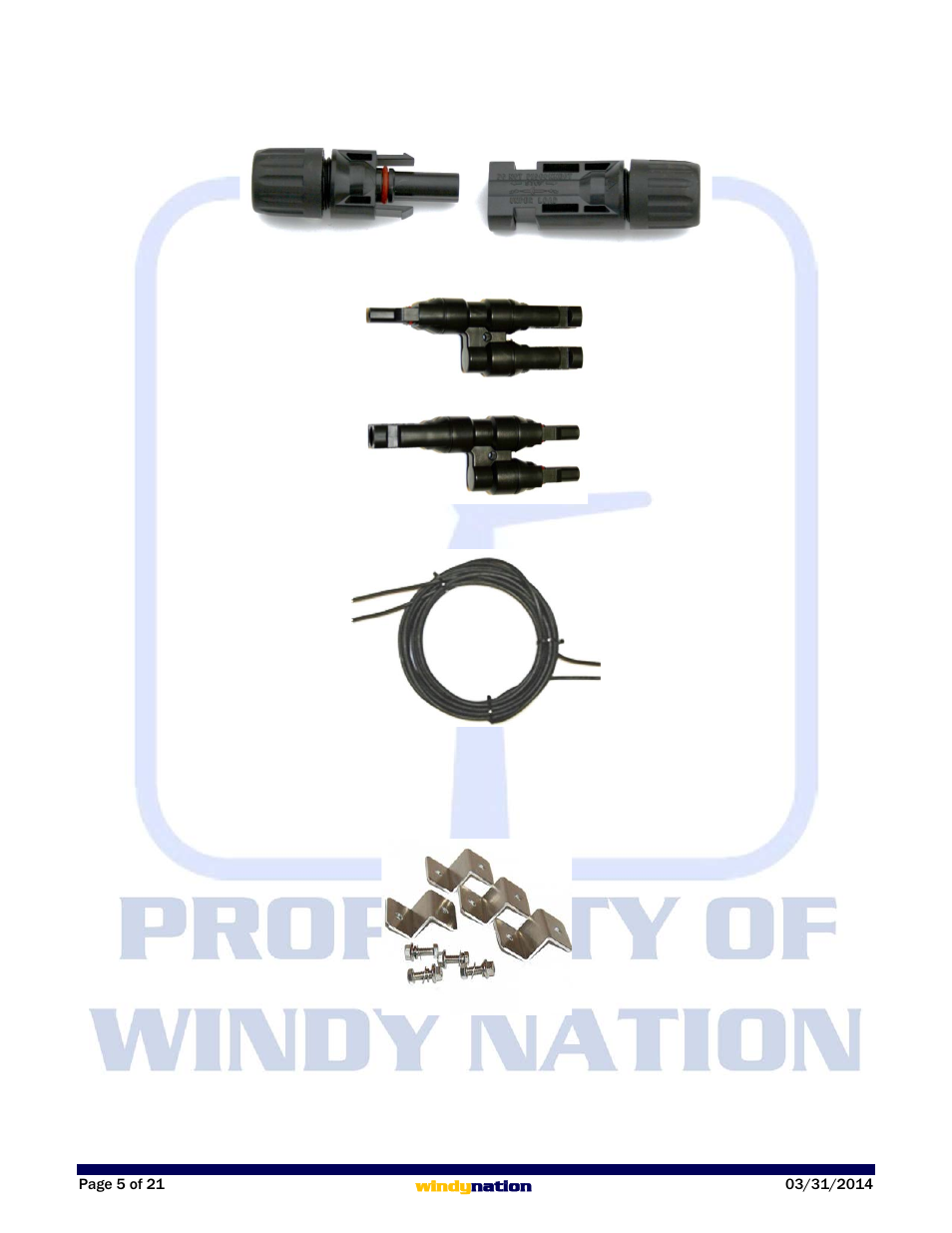 3 mc4 connectors, 4 mc4 branch connectors, 5 solar panel cable | 6 solar panel mounting z-brackets, 7 inverter, Mc4 connectors, Mc4 branch connectors, Solar panel cable, Solar panel mounting z-brackets, Inverter | Windy Nation Complete Off-Grid Solar Kit User Manual | Page 5 / 21