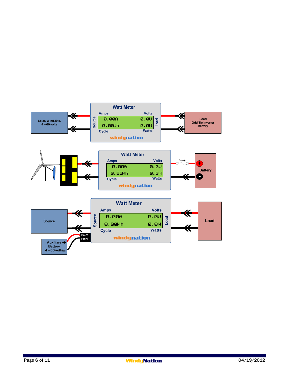 1 wiring, 1 standard connection diagram, 2 3-phase ac wind turbine connection diagram | 3 auxiliary power connection, 2 connectors, 2 powering the meter, Wiring, Connectors, Powering the meter | Windy Nation 100 AMP DC Watt Meter User Manual | Page 6 / 11