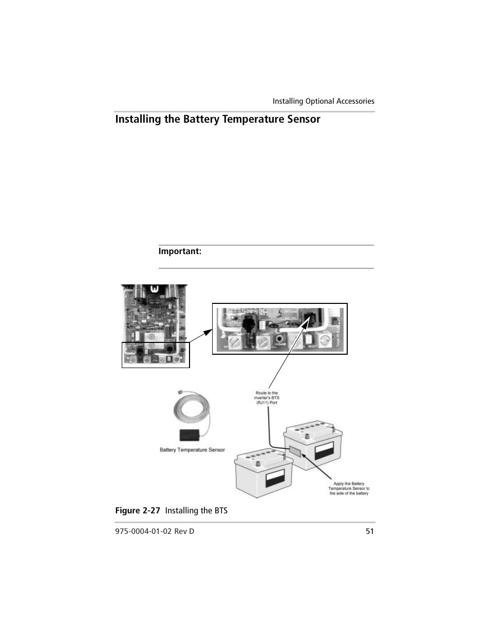 Installing the battery temperature sensor, Figure 2-27, Installing the bts | Windy Nation Xantrex C Series Multifunction DC Controller User Manual | Page 71 / 114