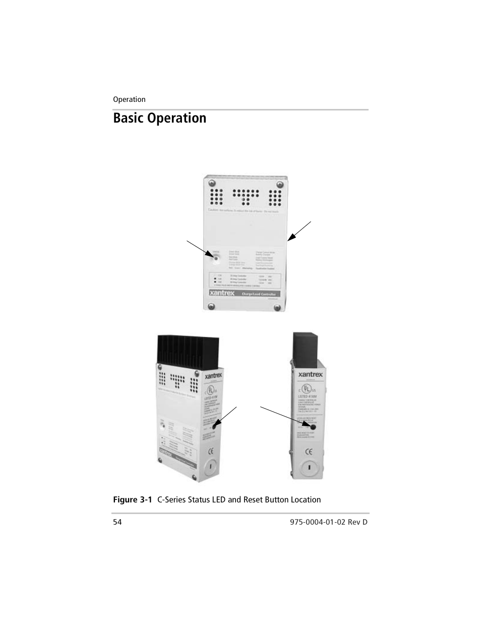 Basic operation, Figure 3-1, C-series status led and reset button location | Windy Nation Xantrex C Series Multifunction DC Controller User Manual | Page 74 / 114