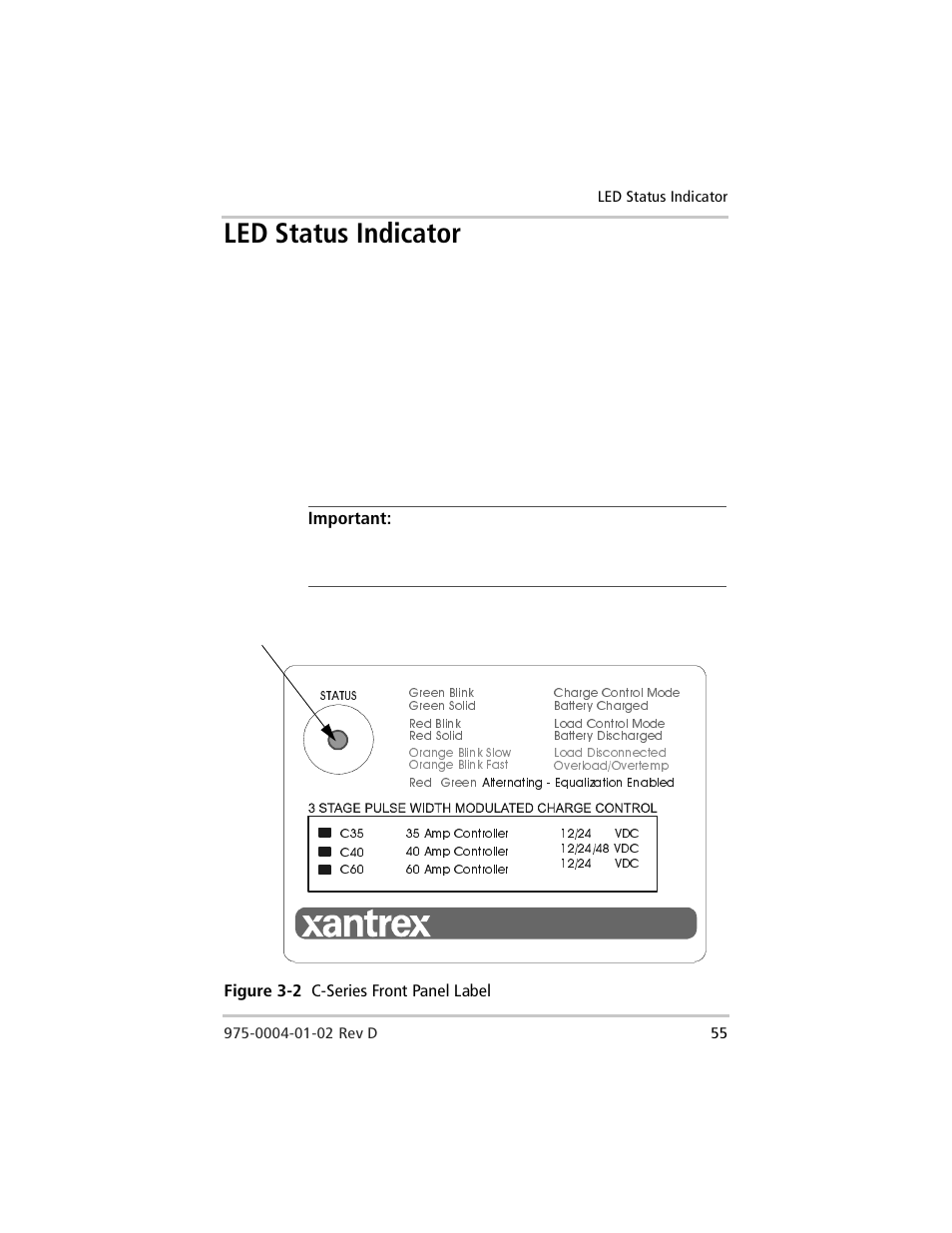 Led status indicator, Figure 3-2, C-series front panel label | Windy Nation Xantrex C Series Multifunction DC Controller User Manual | Page 75 / 114