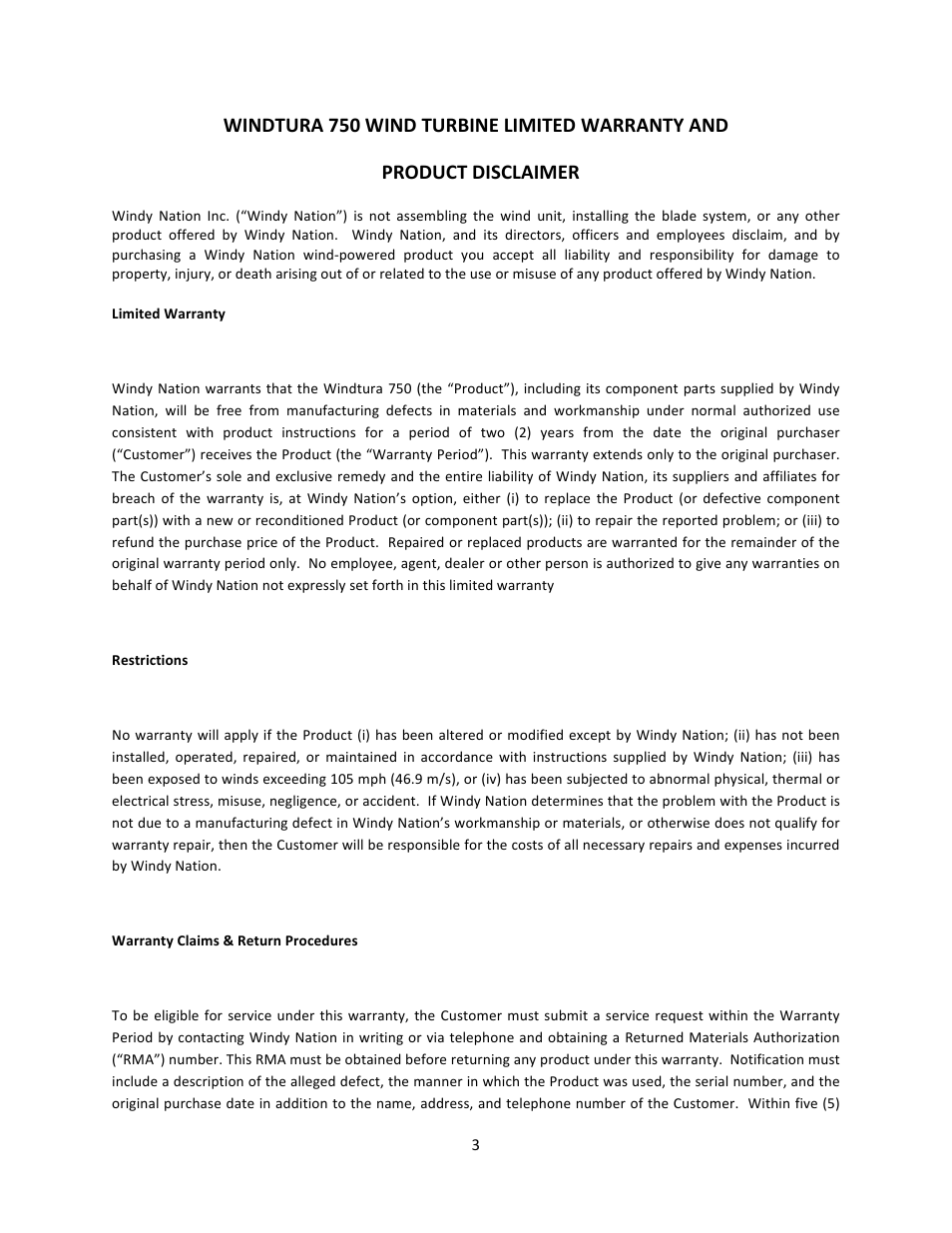 Windtura 750 wind turbine limited warranty and, Product disclaimer | Windy Nation Windtura 750 (No Slip Ring version) User Manual | Page 3 / 18