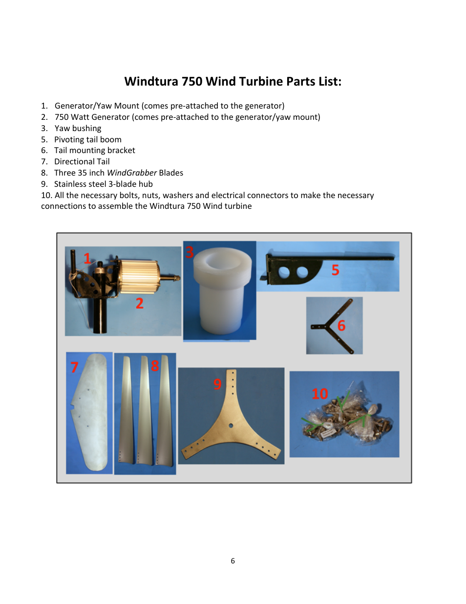 Windtura 750 wind turbine parts list | Windy Nation Windtura 750 (No Slip Ring version) User Manual | Page 6 / 18