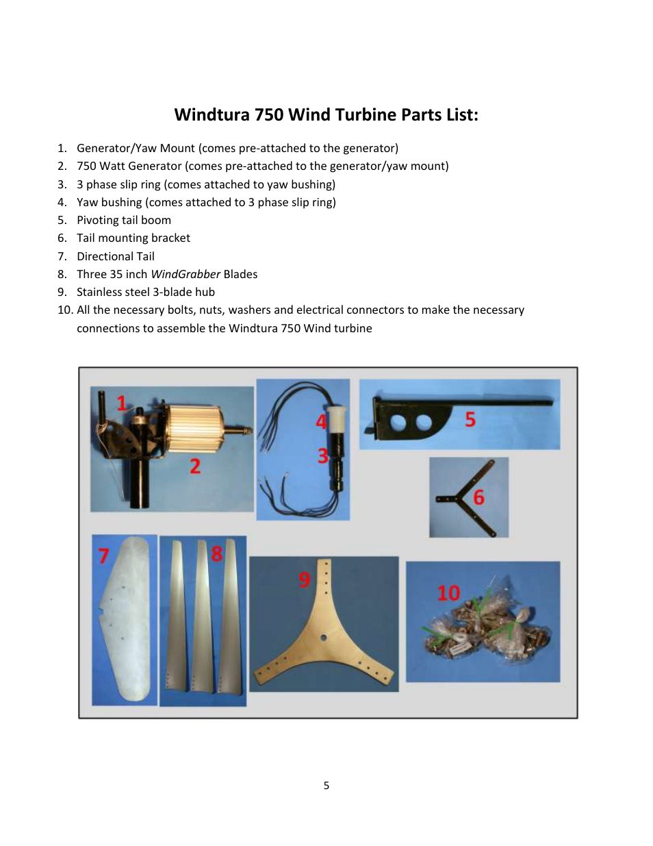 Windtura 750 wind turbine parts list | Windy Nation Windtura 750 Wind Turbine Generator User Manual | Page 5 / 16