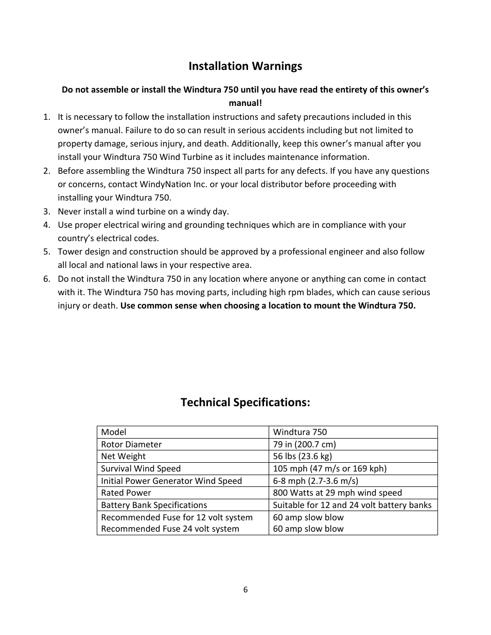 Installation warnings, Technical specifications | Windy Nation Windtura 750 Wind Turbine Generator User Manual | Page 6 / 16