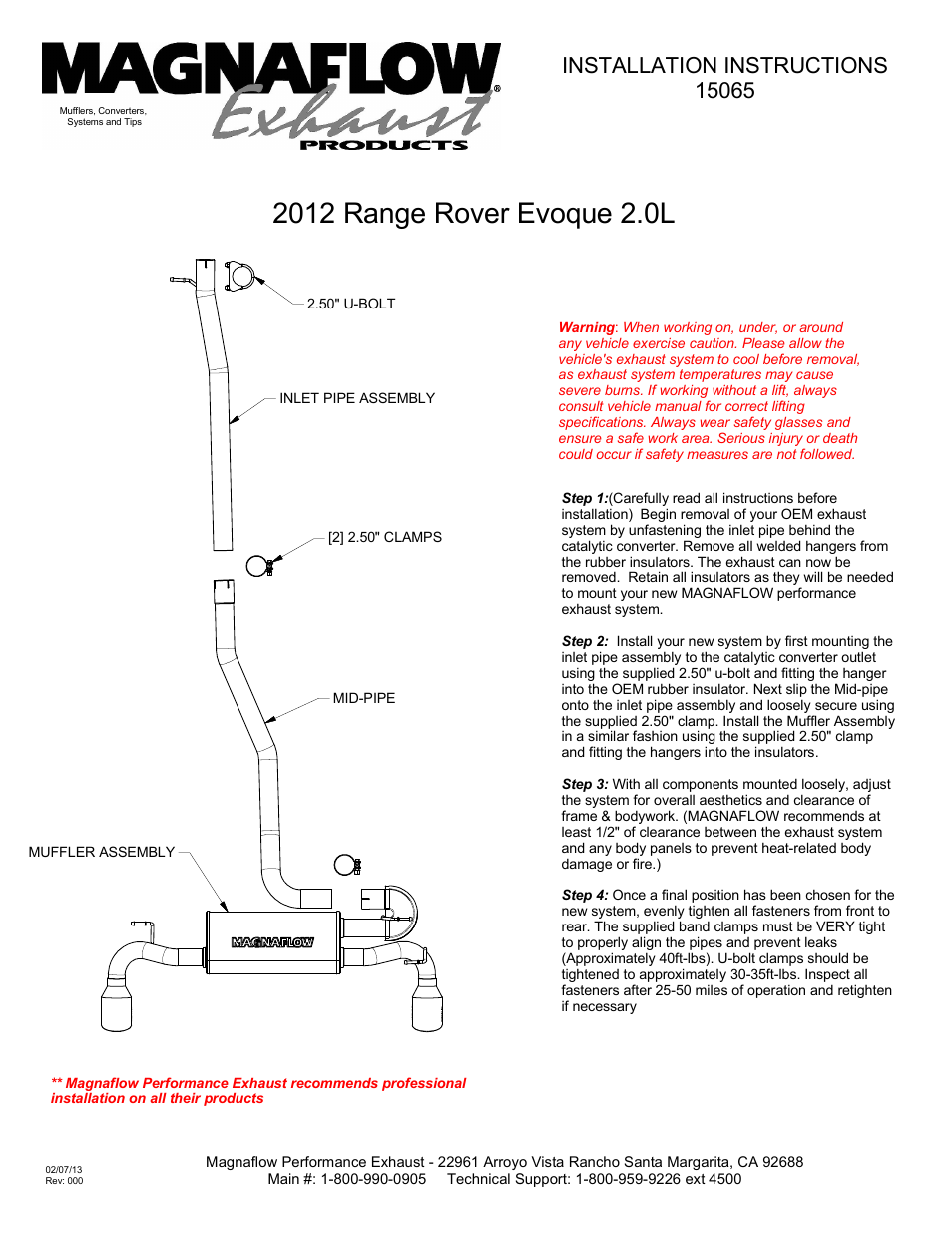 MagnaFlow LAND ROVER TRUCK RANGE ROVER EVOQUE Stainless Cat-Back System PERFORMANCE EXHAUST User Manual | 1 page