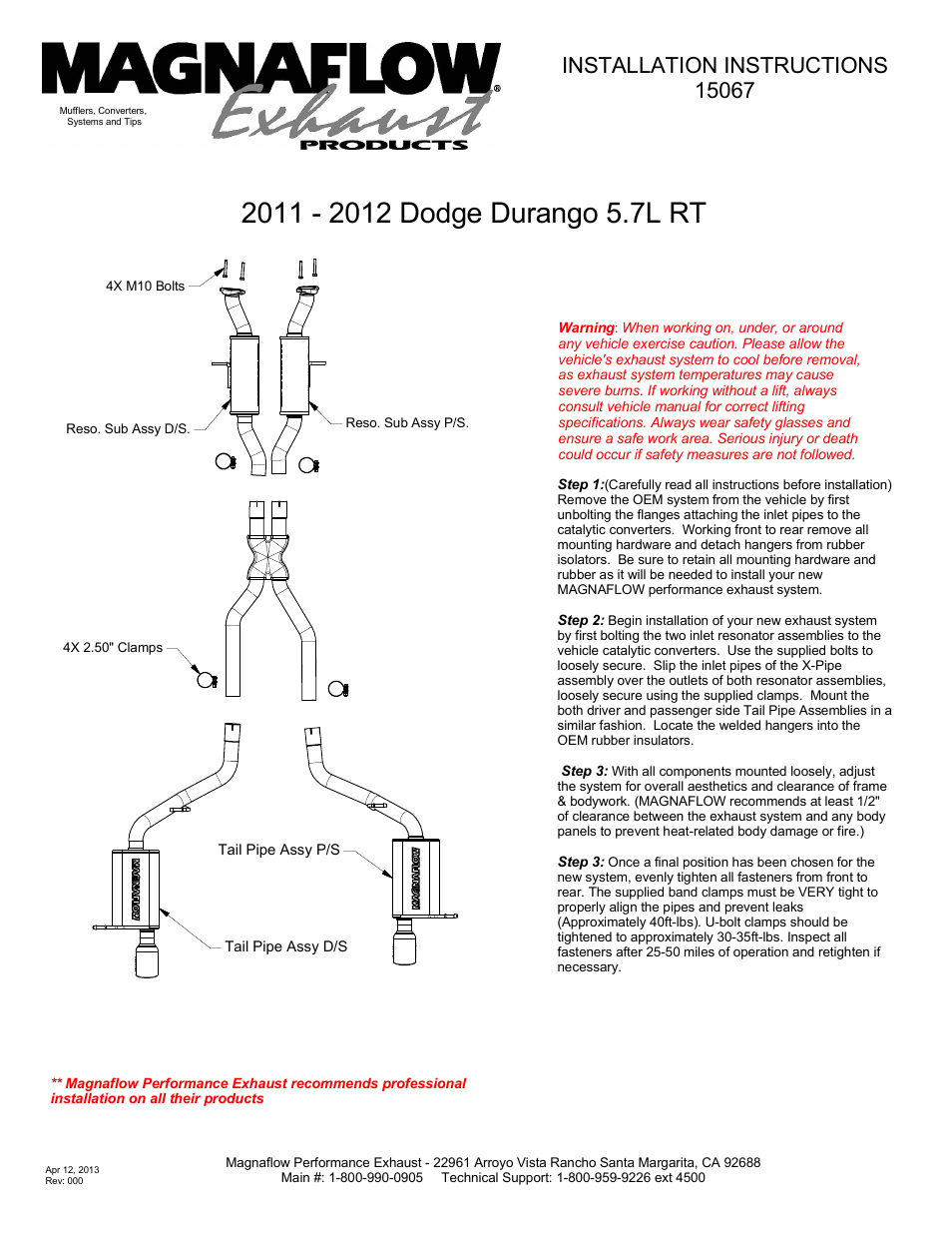 MagnaFlow DODGE TRUCK DURANGO Stainless Cat-Back System PERFORMANCE EXHAUST User Manual | 1 page