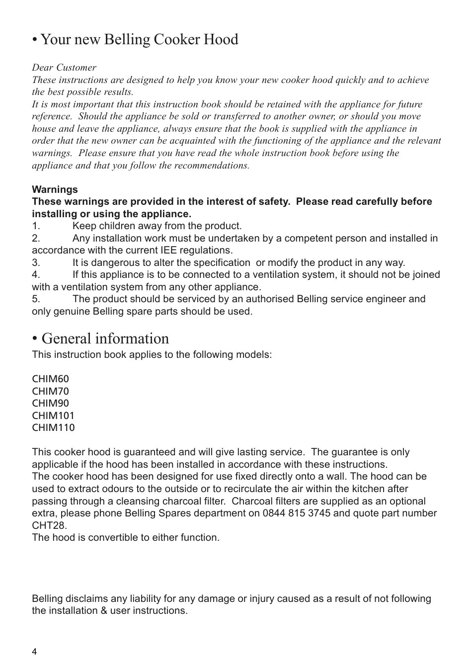 Your new belling cooker hood, General information | Glen Dimplex Home Appliances Ltd CHIM60 User Manual | Page 4 / 12