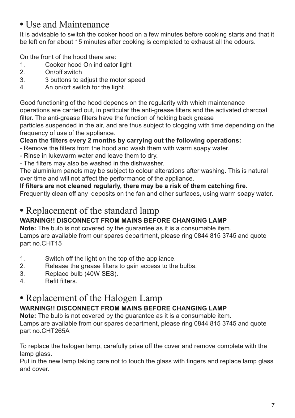 Use and maintenance, Replacement of the standard lamp, Replacement of the halogen lamp | Glen Dimplex Home Appliances Ltd CHIM60 User Manual | Page 7 / 12