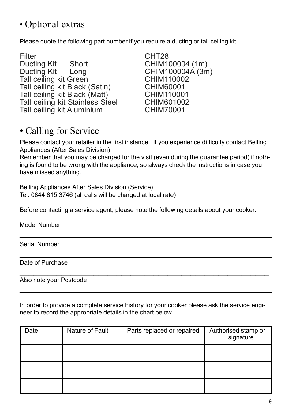 Optional extras, Calling for service | Glen Dimplex Home Appliances Ltd CHIM60 User Manual | Page 9 / 12