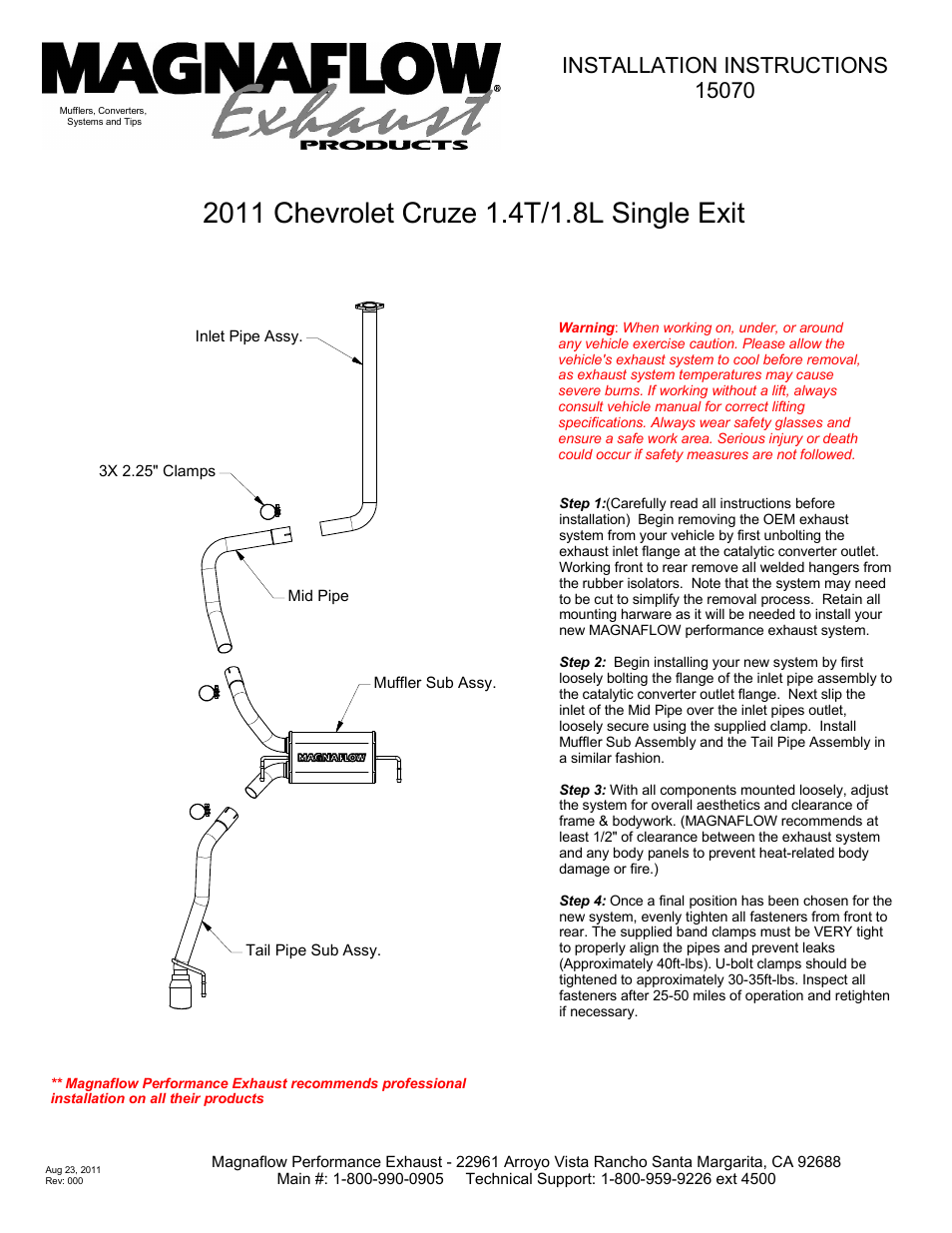 MagnaFlow CHEVROLET CRUZE Stainless Cat-Back System PERFORMANCE EXHAUST User Manual | 1 page