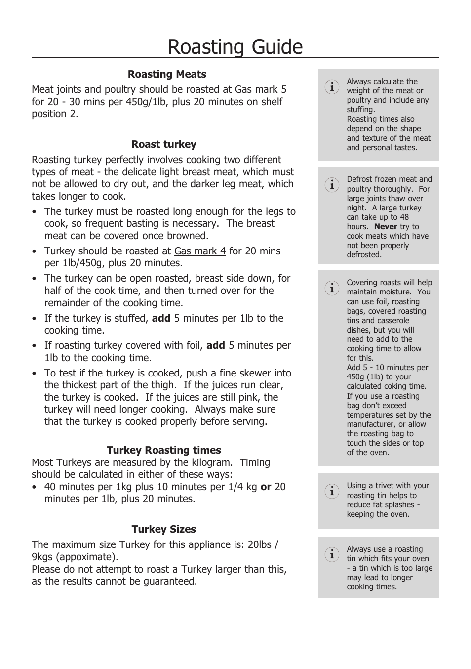 Roasting guide | Glen Dimplex Home Appliances Ltd 100 User Manual | Page 15 / 34