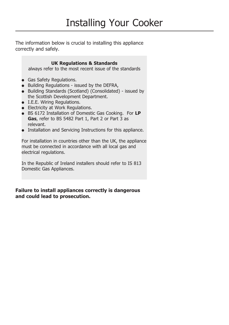 Installing your cooker | Glen Dimplex Home Appliances Ltd 100 User Manual | Page 26 / 34