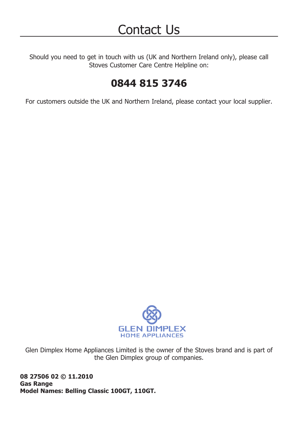 Contact us | Glen Dimplex Home Appliances Ltd 100 User Manual | Page 34 / 34