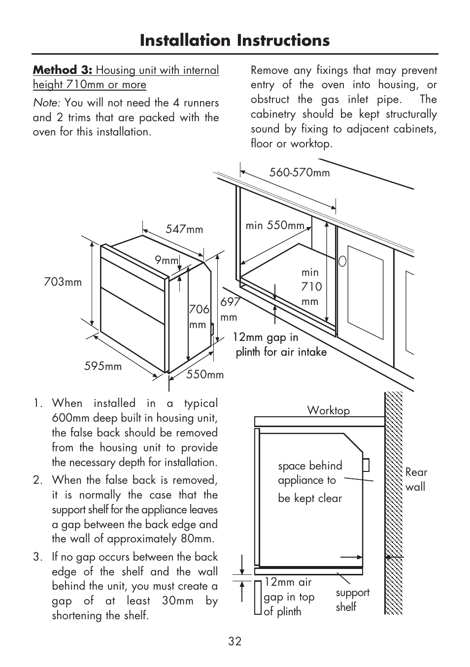 Installation instructions | Glen Dimplex Home Appliances Ltd BI 70 G User Manual | Page 34 / 40