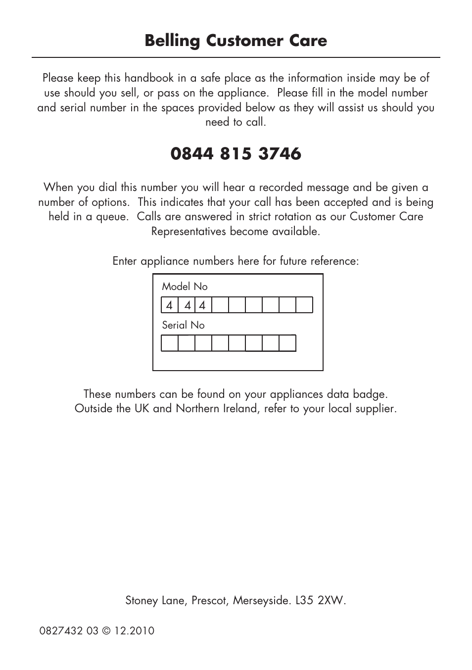 Belling customer care | Glen Dimplex Home Appliances Ltd BI 70 G User Manual | Page 40 / 40