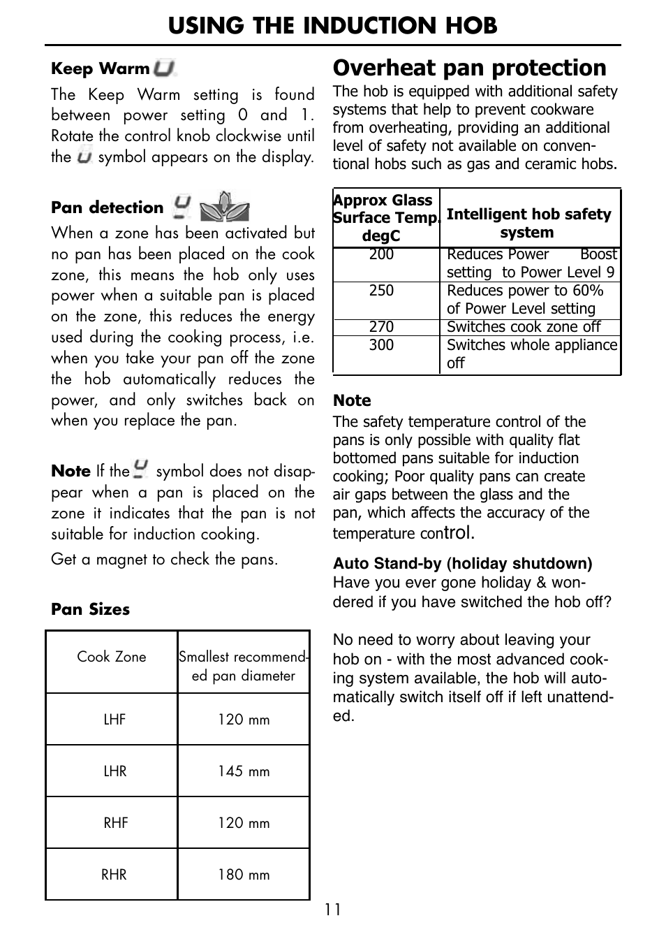 Using the induction hob, Overheat pan protection, Trol | Glen Dimplex Home Appliances Ltd PBI60R User Manual | Page 11 / 28