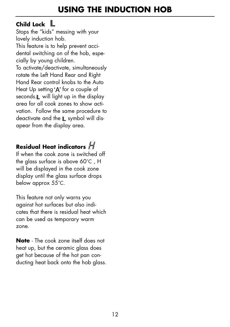 Using the induction hob | Glen Dimplex Home Appliances Ltd PBI60R User Manual | Page 12 / 28