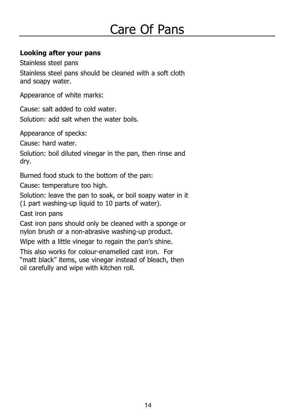Care of pans | Glen Dimplex Home Appliances Ltd PBI60R User Manual | Page 14 / 28
