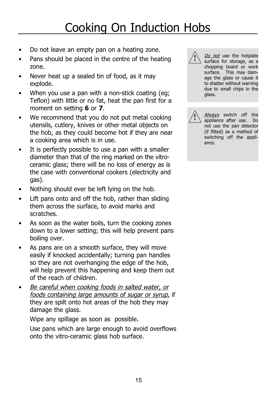 Cooking on induction hobs | Glen Dimplex Home Appliances Ltd PBI60R User Manual | Page 15 / 28